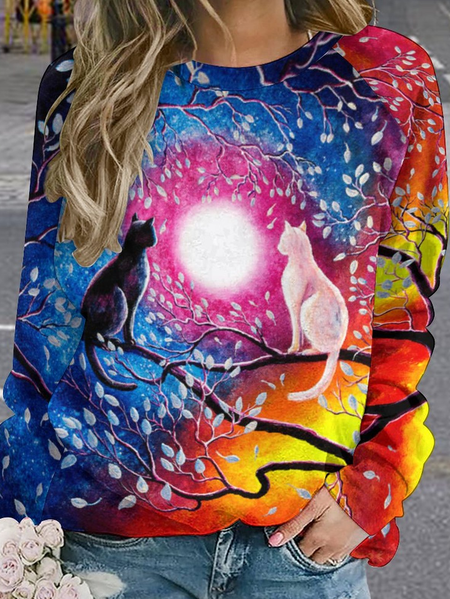 

Womens Black White Cat Art Print Crew Neck Animal Sweatshirts, As picture, Hoodies&Sweatshirts