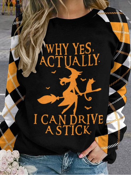 

Women Funny Graphic Yes I Can Drive A Stick Halloween Plaid Casual Raglan Sleeve Cotton Sweatshirts, Yellow, Hoodies&Sweatshirts