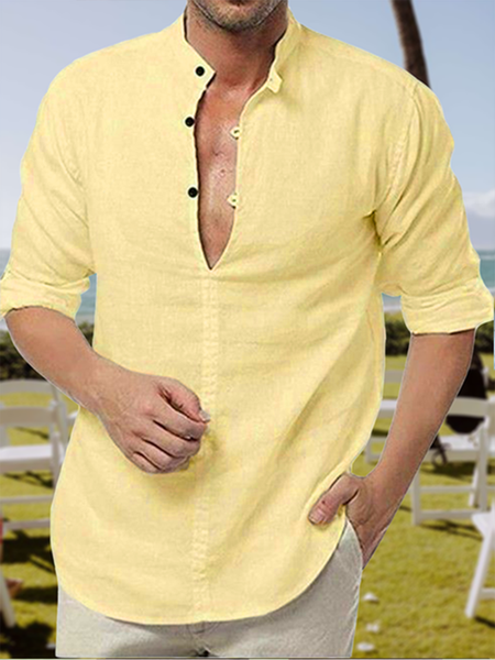 

Cotton and linen based net color style comfortable flax long sleeve shirts, As picture, Long Sleeve Shirts