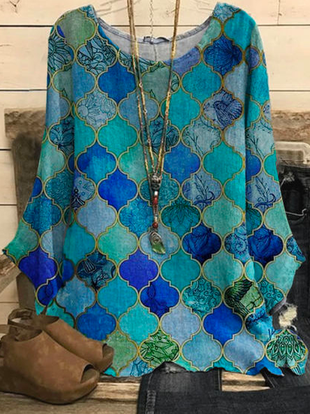 

Geometric Autumn Ethnic Loose Long sleeve Crew Neck Regular Regular Regular Size Tops for Women, Multicolor, Shirts & Blouses