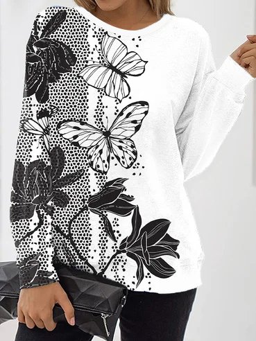 

Crew Neck Casual Butterfly Sweatshirts, Black-white, Sweatshirts & Hoodies