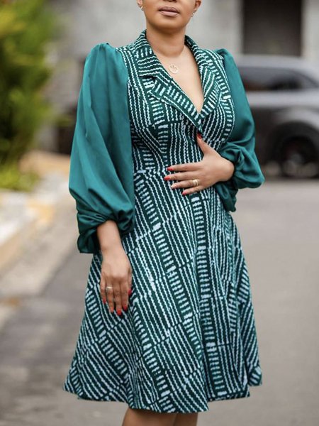 

Striped Autumn Elegant Lantern Sleeve No Elasticity Daily Mid Waist X-Line Regular Size Dresses for Women, Green, Midi Dresses