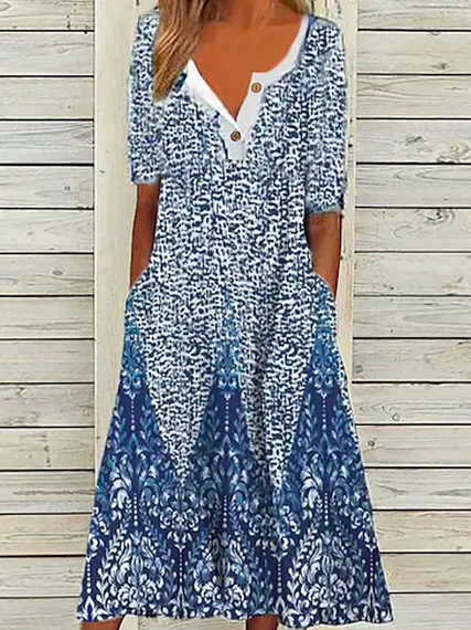 

Vacation Ethnic V Neck Dresses, Blue, Dresses