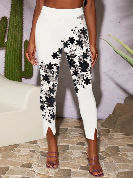 

Casual Tight Floral Leggings, Black-white, Leggings