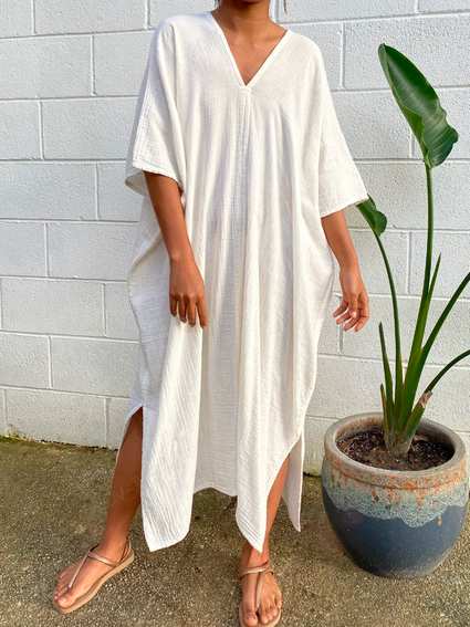 

Women Plain Autumn Vacation V neck Natural No Elasticity Daily Half sleeve A-Line Dresses, White, Midi Dresses