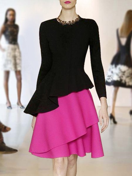 

Urban Crew Neck Split Joint Color Block Dress, Black, Midi Dresses