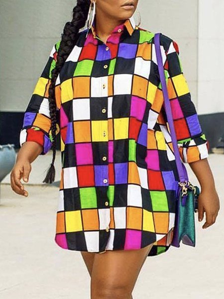 

Plaid Autumn Urban Natural Loose Long sleeve H-Line Shirt Dress Shirt Collar Dresses for Women, Multicolor, Mini Dresses