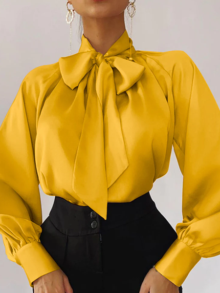

Women Plain Autumn Elegant Polyester Stand Collar No Elasticity Loose Regular Regular Size Blouse, Yellow, Blouses and Shirts