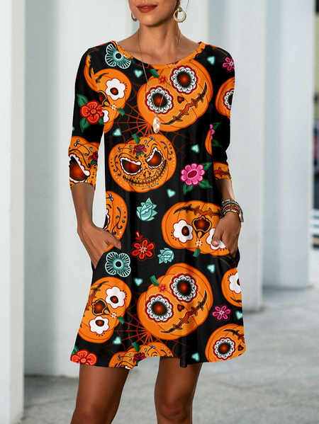 

Women Casual Floral Autumn Natural Micro-Elasticity Halloween Crew Neck A-Line Regular Size Dresses, Multicolor, Dresses