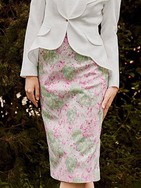 

Elegant Floral Printed Midi Skirt, As picture, Skirts