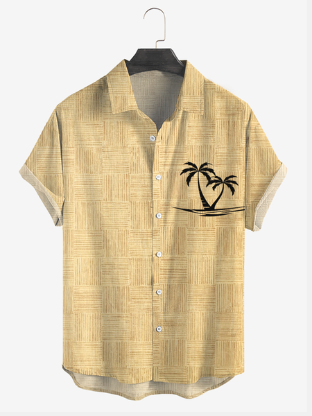 

Printed cotton and linen style plants coconut comfortable linen shirts with short sleeves, As picture, Short Sleeve Shirts