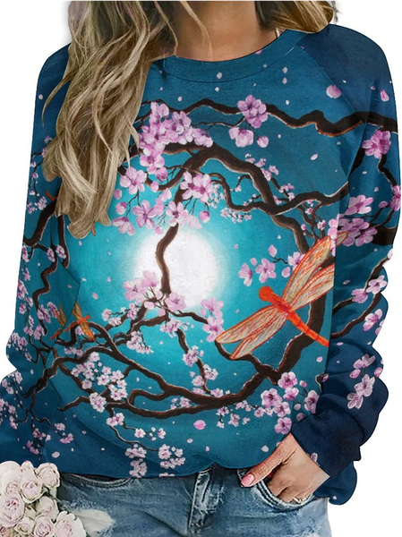 

Womens Art Print Peace Tree with Orange Dragonflies Casual Crew Neck Sweatshirt, As picture, Hoodies&Sweatshirts