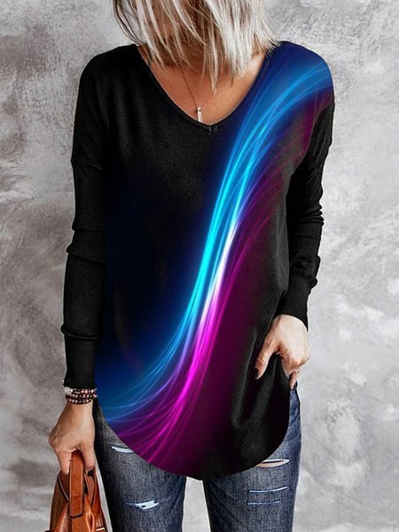 

Women Casual Abstract Autumn V neck Micro-Elasticity Daily Loose Mid-long H-Line Tunic T-Shirt, Black, T-shirts