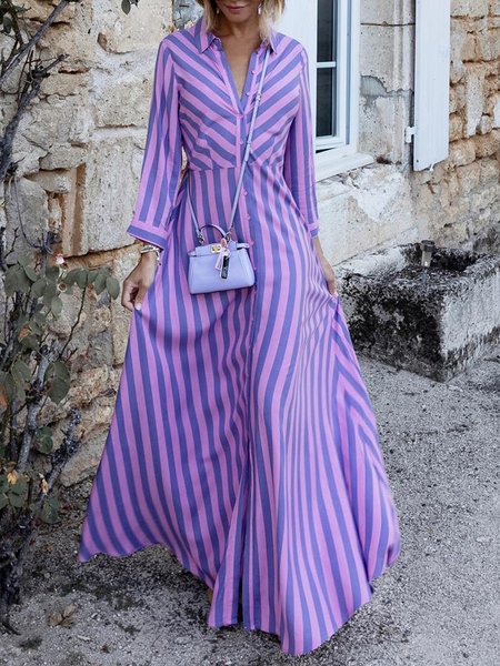 

Urban Shirt Collar Long Sleeve Striped Shirt Dress, Purple, Maxi Dresses