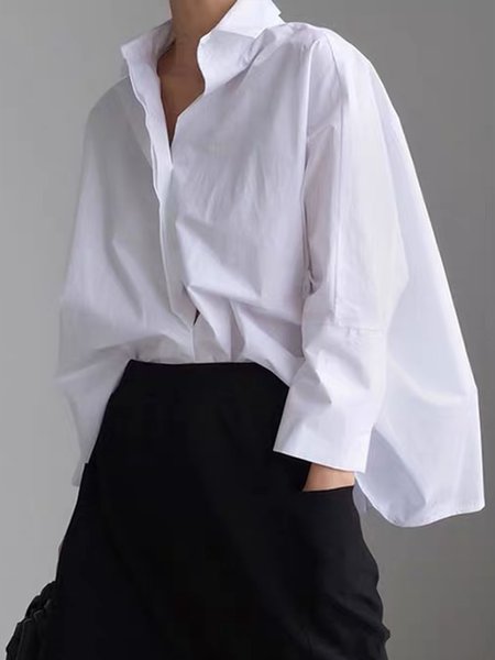 

Daily Simple Shirt Collar Loose Long Sleeve Blouse, White, Blouses and Shirts