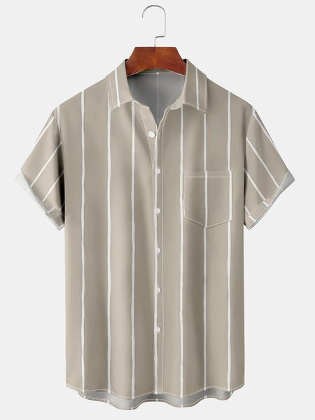 

Mens Striped Print Front Buttons Soft Breathable Chest Pocket Casual Hawaiian Shirts, Khaki, Short Sleeve Shirts