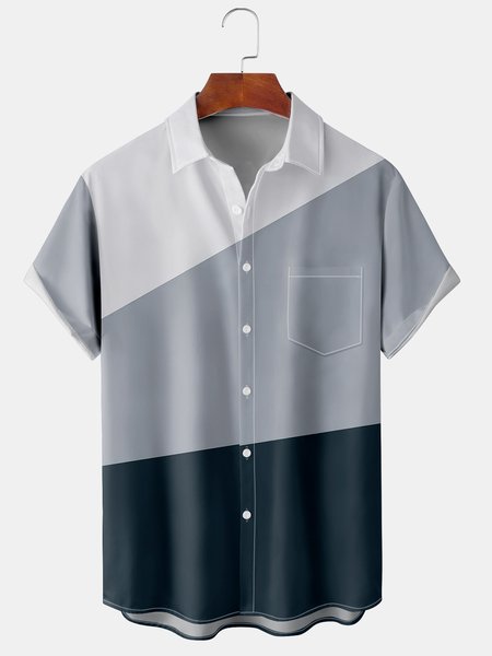 

Mens Color Block Front Buttons Soft Breathable Chest Pocket Casual Hawaiian Shirts, Gray, Short Sleeve Shirts