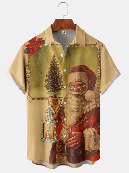 

Men's Christmas Collection Printed Casual Short Sleeve Hawaiian Shirt with Chest Pocket, Khaki, Short Sleeve Shirts