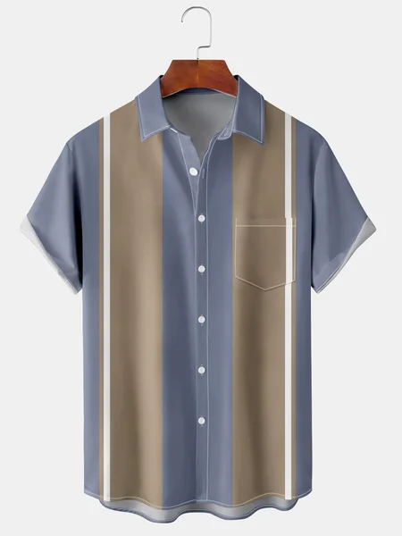 

Mens Front Buttons Soft Breathable Chest Pocket Casual Bowling Shirts, Blue, Short Sleeve Shirts