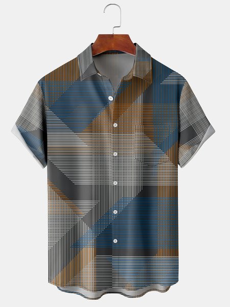 

Mens Geo Stripes Print Front Buttons Soft Breathable Chest Pocket Casual Hawaiian Shirts, Blue, Short Sleeve Shirts
