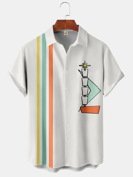 

Men's Geometric Casual Short Sleeve Hawaiian Shirt with Chest Pocket, White, Short Sleeve Shirts