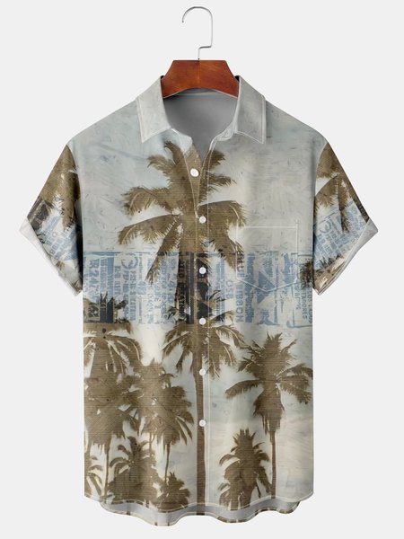 

Mens Coconut Tree Print Front Buttons Soft Breathable Chest Pocket Casual Hawaiian Shirts, Gray, Short Sleeve Shirts