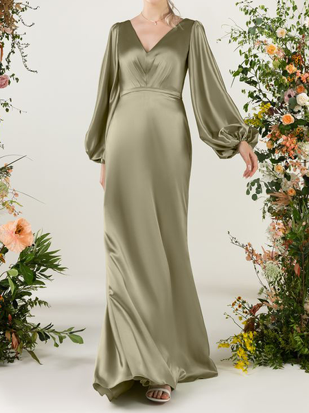 

Long sleeve H-Line V neck Regular Fit Elegant Dresses, Green, Maxi Dresses