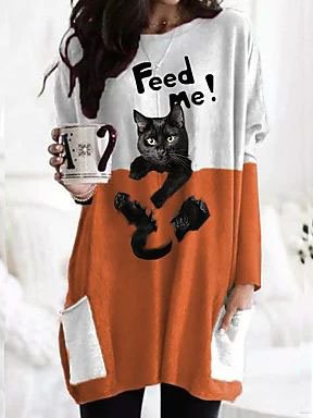

Women Casual Text Letters Autumn Daily Long sleeve Crew Neck Mid-long Regular Medium Elasticity Tops, Orange, Tunics