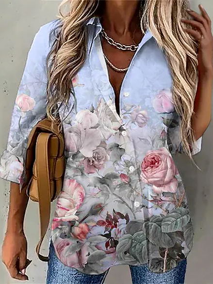 

Floral Shirt Collar Casual Blouse, Blue, Shirts & Blouses