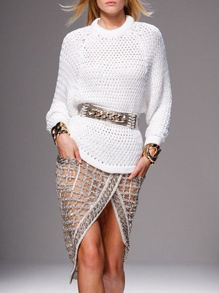 

White Daily Long sleeve Crew Neck Urban Sweater, Sweaters
