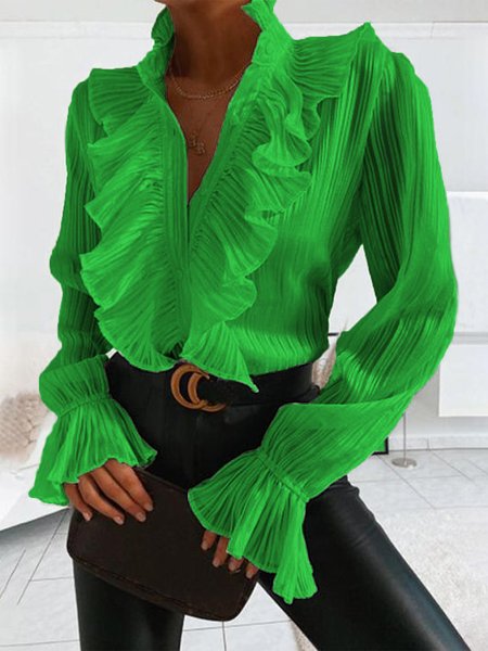 

Elegant Plain V Neck Flouncing Long Sleeve Blouse, Green, Blouses and Shirts