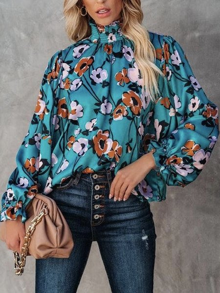 

Women Floral Autumn Urban Polyester No Elasticity Loose Regular Regular Regular Size Tops, Blue, Blouses and Shirts