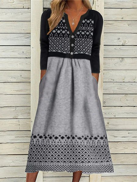

Ethnic Casual Buttons Dress, Black-grey, Dresses