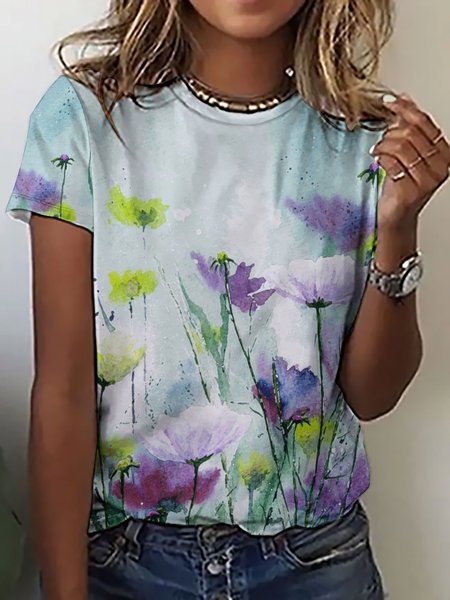 

Women Large Format Flowers Pattern Loose Crew Neck Cotton-Blend T-Shirt, As picture, T-shirts