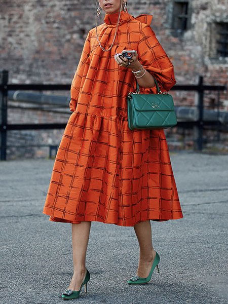 Lantern Sleeve Turtleneck Plaid Elegant Midi Dress, Orange, Midi Dresses
