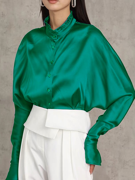 

Loose Long sleeve Elegant Lotus Leaf Collar Blouse, Green, Blouses and Shirts