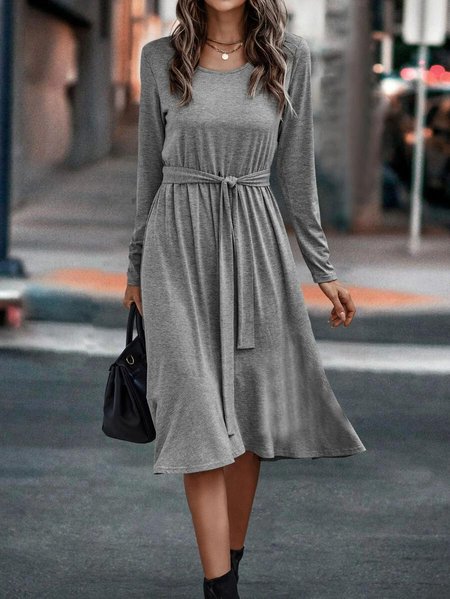 

Women Casual Plain Autumn High Waist Daily Jersey A-Line Medium Elasticity Regular Size Dresses, Deep gray, Midi Dresses