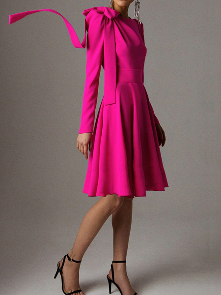 

Plain Autumn Elegant Natural Holiday Midi Long sleeve Crew Neck X-Line Dresses for Women, Rose red, Midi Dresses