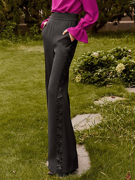 

Elegant Lace Plain Pockets Fashion Wide Leg Pants, Black, Pants