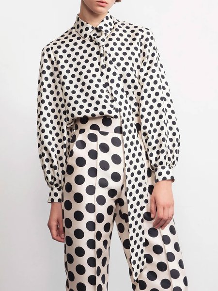 

Polka Dots Autumn Elegant No Elasticity Regular Fit Regular H-Line Shirt Collar Regular Size Blouse for Women, White, Blouses and Shirts