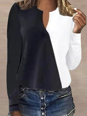 

V Neck Casual Color Block T-Shirt, Black-white, T-Shirts