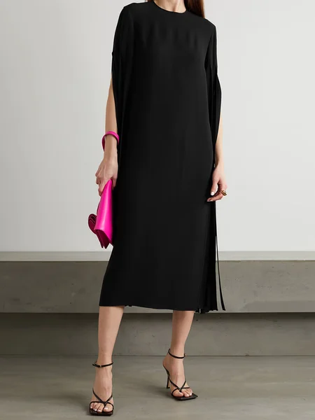 

Crew Neck Elegant Plain Midi Dress, Black, Midi Dresses