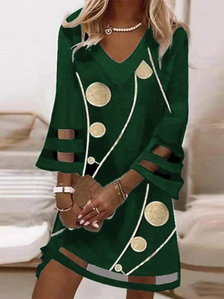 

Casual Geometric V neck Three Quarter Loose Dress, Green, Dresses