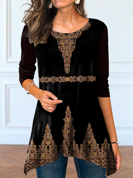 

Ethnic Casual Crew Neck Regular Fit Tops, Black, Shirts & Blouses