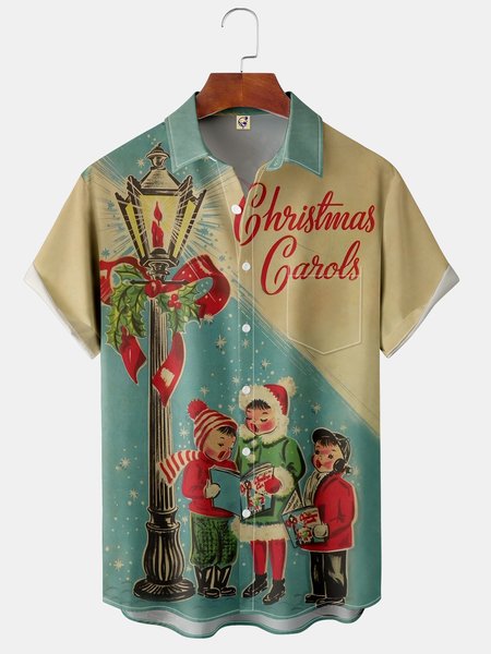 

Men's Christmas Print Casual Short Sleeve Hawaiian Shirt with Chest Pocket, Green, Short Sleeve Shirts