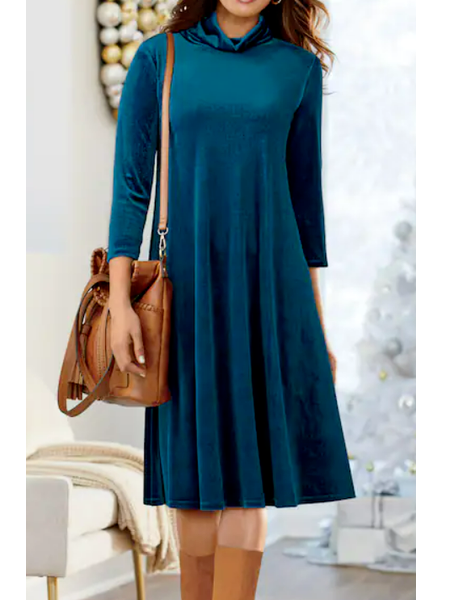 

Casual Plain Autumn Micro-Elasticity Loose Long sleeve Turtleneck A-Line Regular Dresses for Women, Blue, Midi Dresses