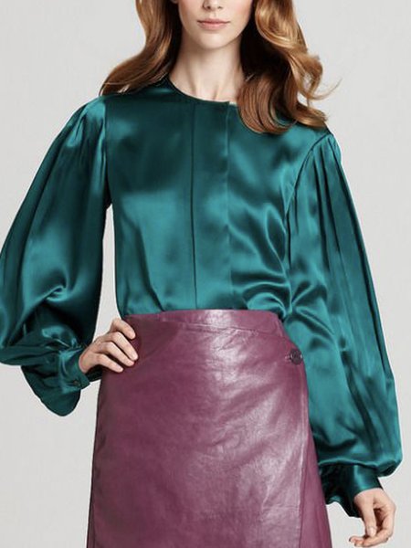 

Urban Regular Fit Crew Neck Long Sleeve Blouse, Green, Blouses and Shirts