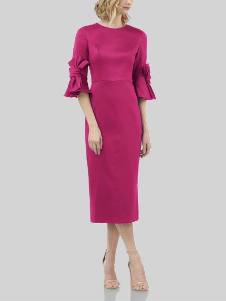 

Crew Neck Elegant Half Sleeve Midi Dress, Rose red, Midi Dresses