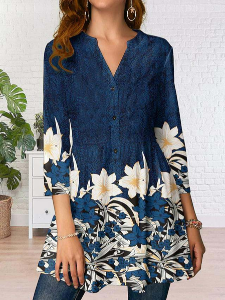 

Women Casual Floral Autumn Polyester V neck Lightweight No Elasticity Three Quarter Mid-long Tops, Blue, Shirts & Blouses