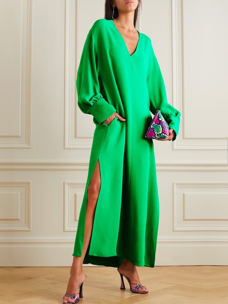 

Urban Plain V Neck Long Sleeve Pockets Dress, Green, Midi Dresses